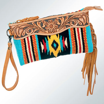 American Darling ADBG344TANDAR5 Wristlet Hand Tooled Saddle Blanket Genuine Leather Women Bag Western Handbag Purse